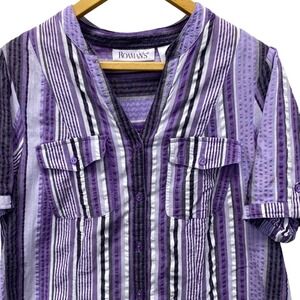 Roamans Button Front Top Womens 14W L/G Purple Striped Cotton Seersucker Blouse